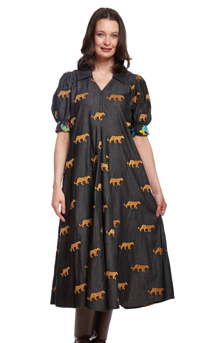Dizzy-Lizzie Montauk Dress - Black with Embroidered Cheetahs available at Barbara Katz