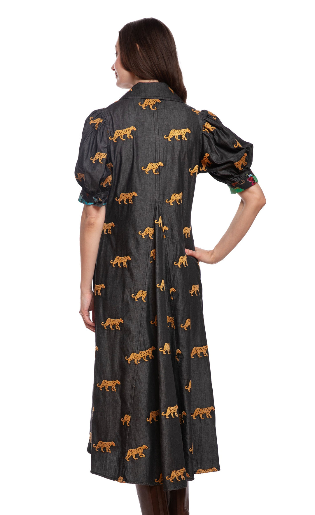 Dizzy-Lizzie Montauk Dress - Black with Embroidered Cheetahs available at Barbara Katz