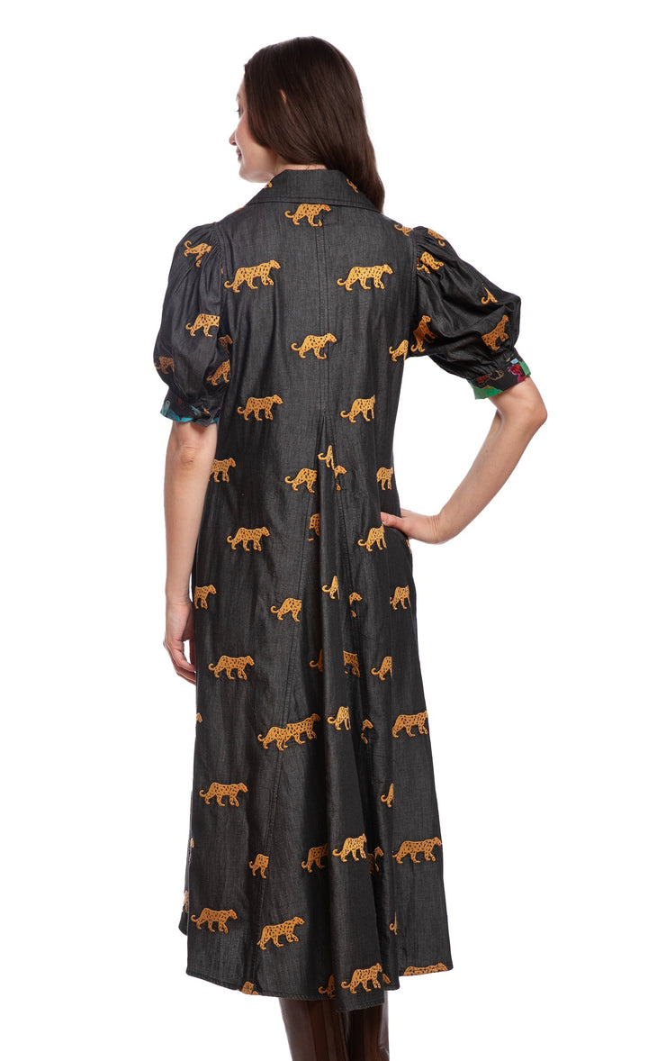 Dizzy-Lizzie Montauk Dress - Black with Embroidered Cheetahs available at Barbara Katz