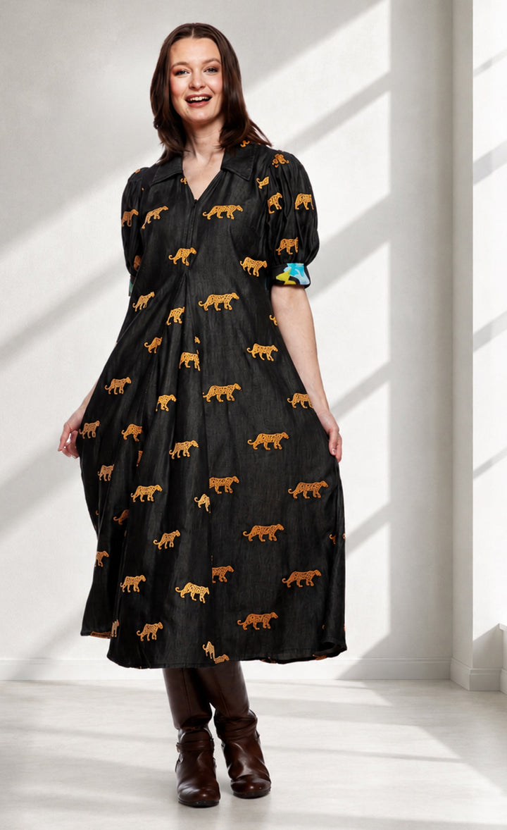Dizzy-Lizzie Montauk Dress - Black with Embroidered Cheetahs available at Barbara Katz