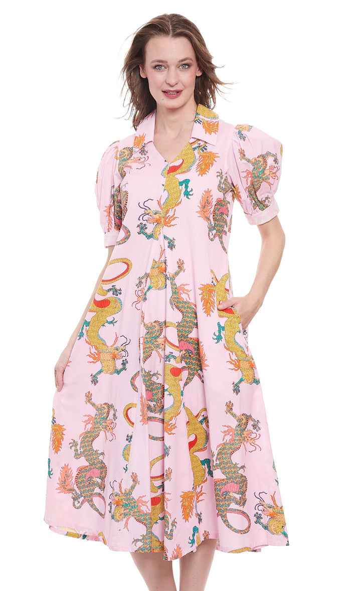 Dizzy-Lizzie Montauk Dress in Powder Pink Dragon available at Barbara Katz