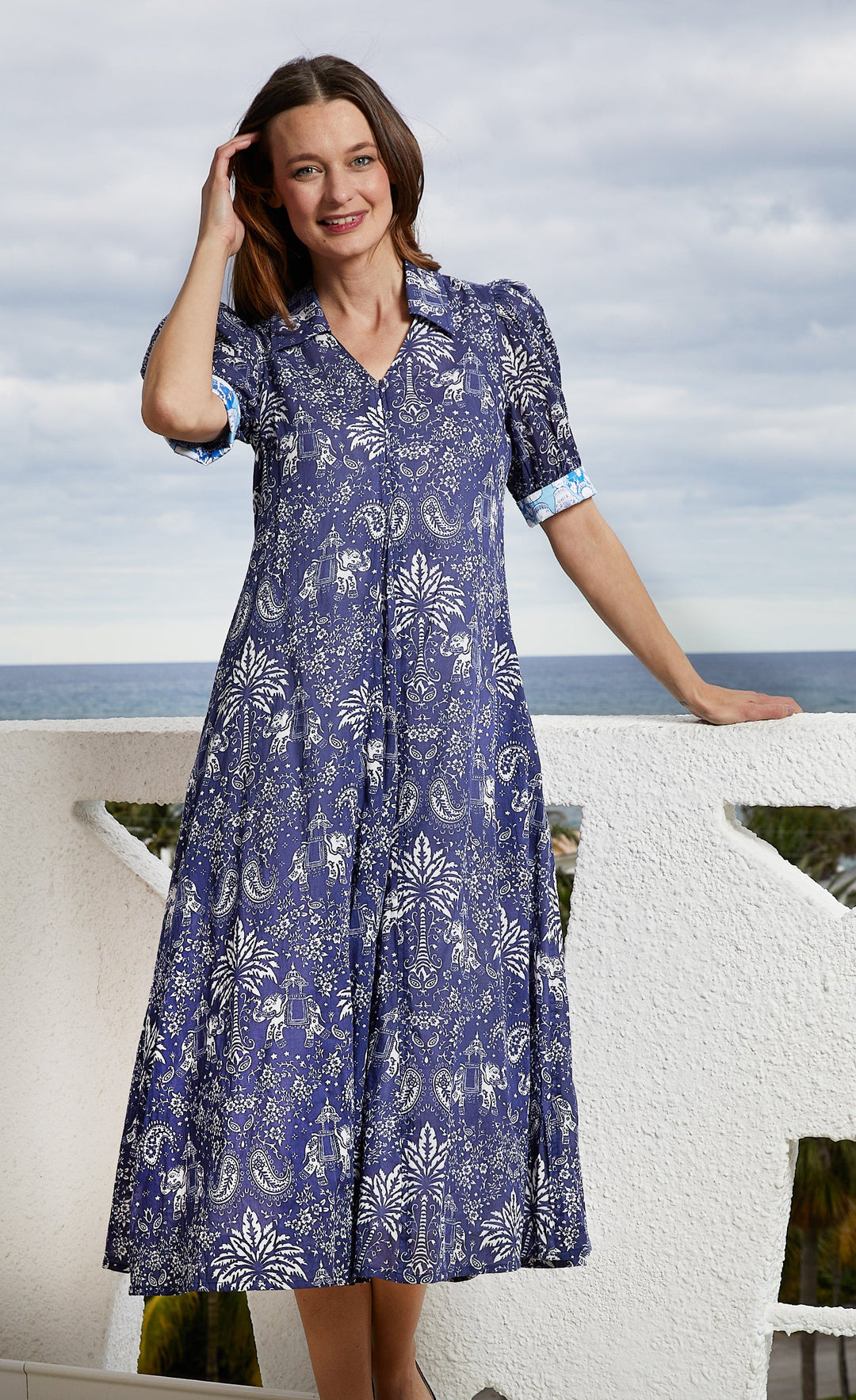 Dizzy-Lizzie Montauk Dress - Navy Elephants And Palm Trees available at Barbara Katz