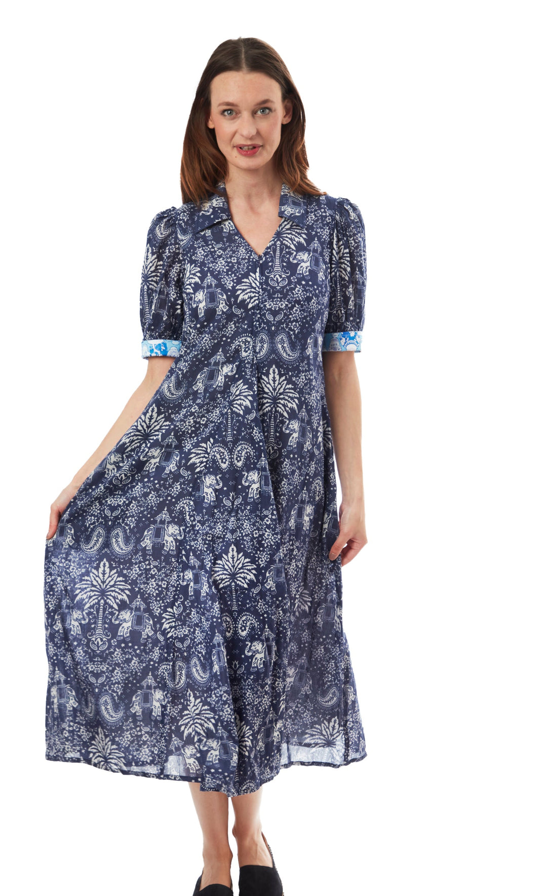 Dizzy-Lizzie Montauk Dress - Navy Elephants And Palm Trees available at Barbara Katz