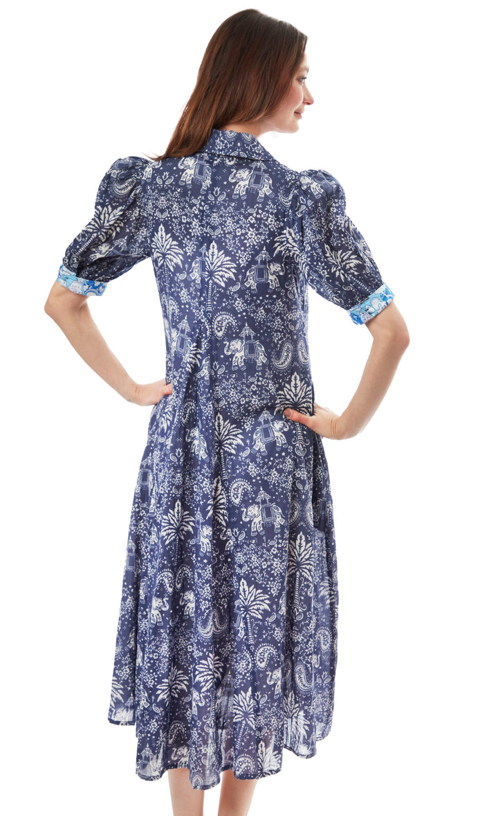 Dizzy-Lizzie Montauk Dress - Navy Elephants And Palm Trees available at Barbara Katz