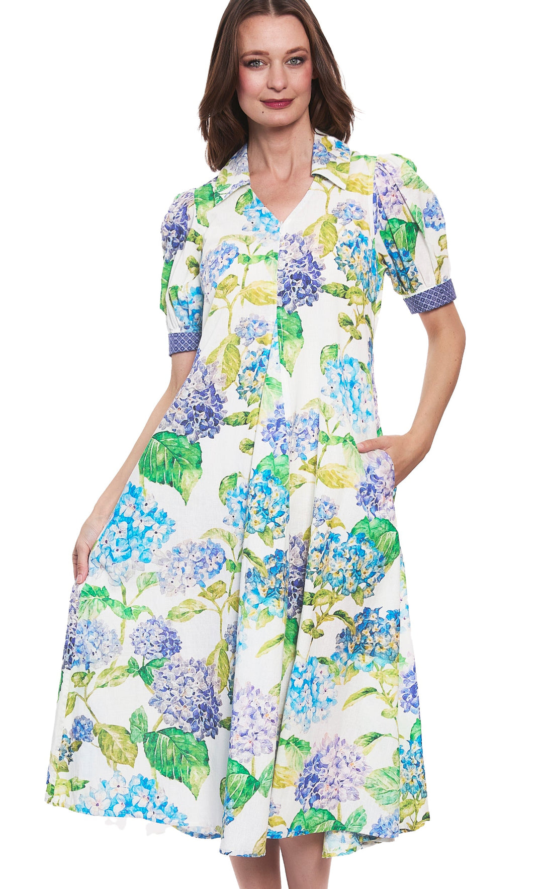 Dizzy-Lizzie Montauk Dress in Hydrangeas Print available at Barbara Katz