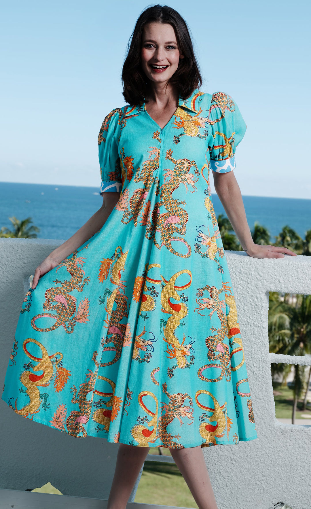 Dizzy-Lizzie Montauk Dress in Turquoise Dragons Print available at Barbara Katz