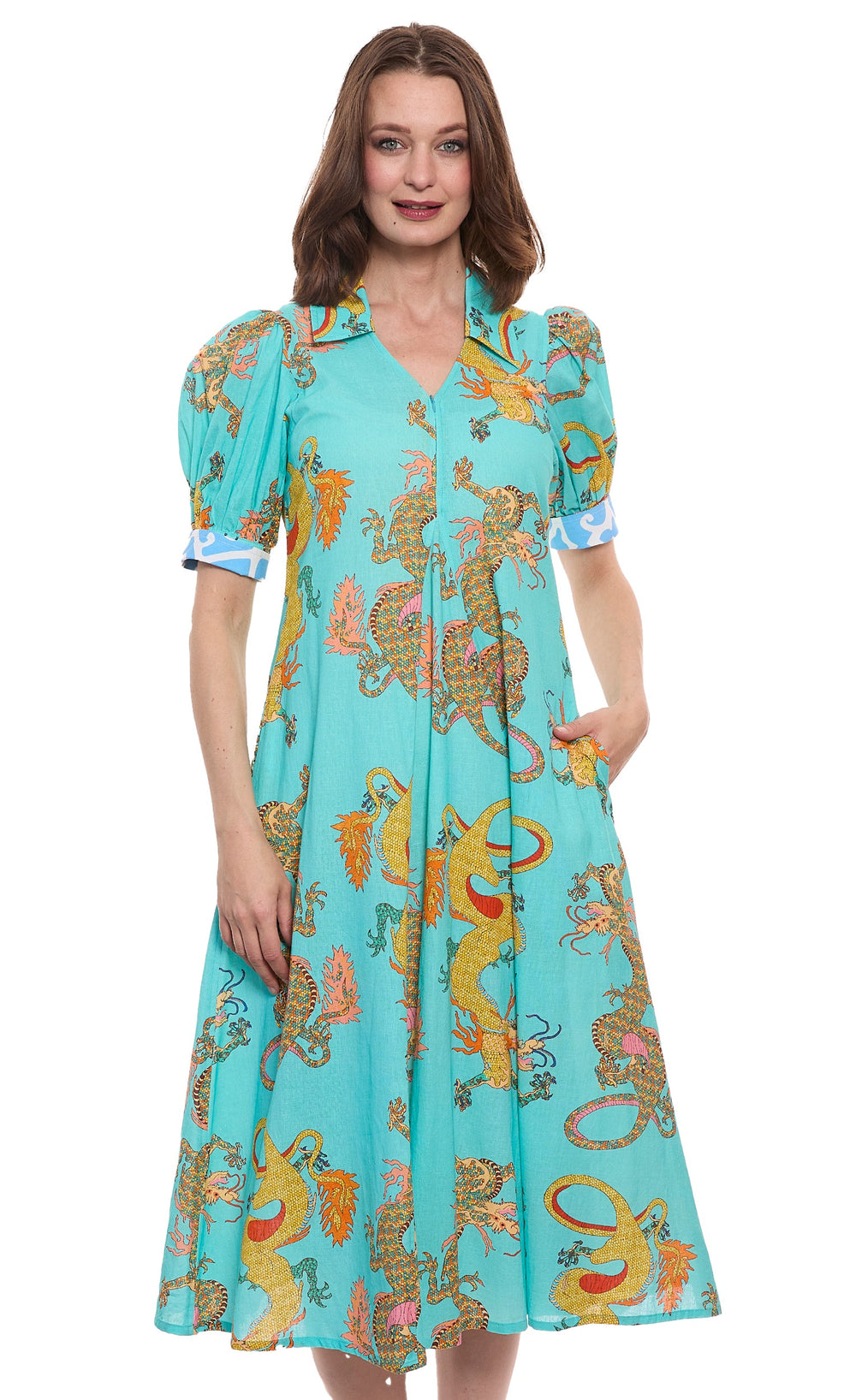 Dizzy-Lizzie Montauk Dress in Turquoise Dragons Print available at Barbara Katz
