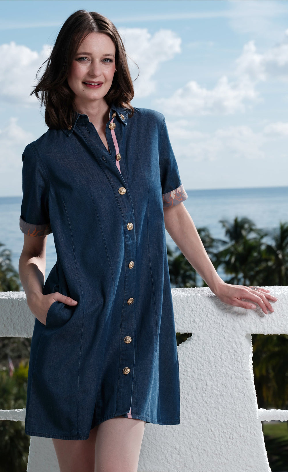 Dizzy-Lizzie Newport Dress Denim with Gold Buttons available at Barbara Katz