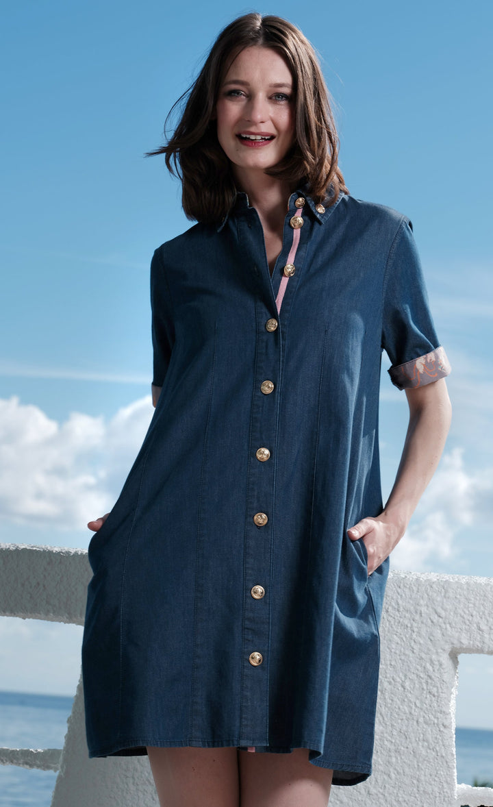 Dizzy-Lizzie Newport Dress Denim with Gold Buttons available at Barbara Katz