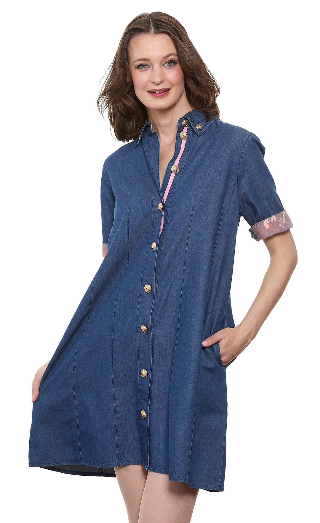Dizzy-Lizzie Newport Dress Denim with Gold Buttons available at Barbara Katz