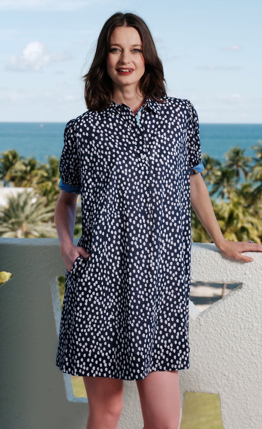 Dizzy-Lizzie Left Bank Puff Sleeve Dress - Navy White Polka Dots available at Barbara Katz