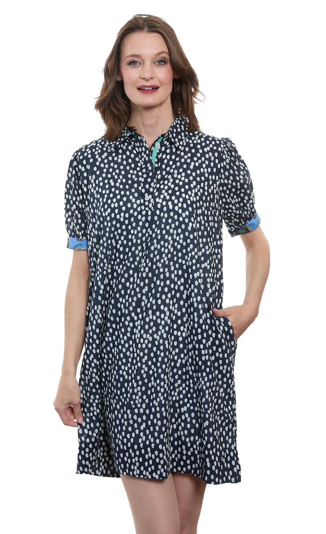 Dizzy-Lizzie Left Bank Puff Sleeve Dress - Navy White Polka Dots available at Barbara Katz