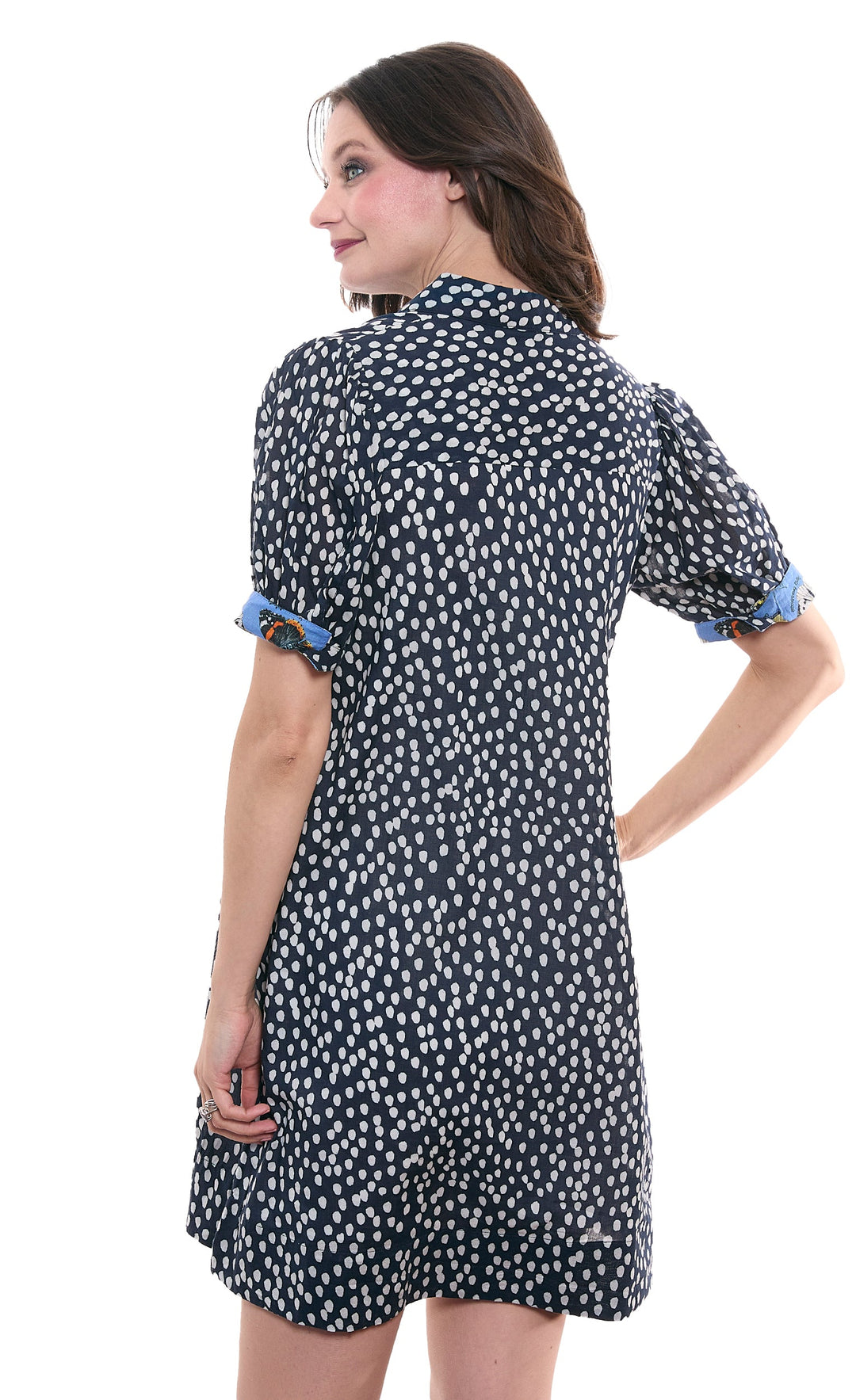 Dizzy-Lizzie Left Bank Puff Sleeve Dress - Navy White Polka Dots available at Barbara Katz