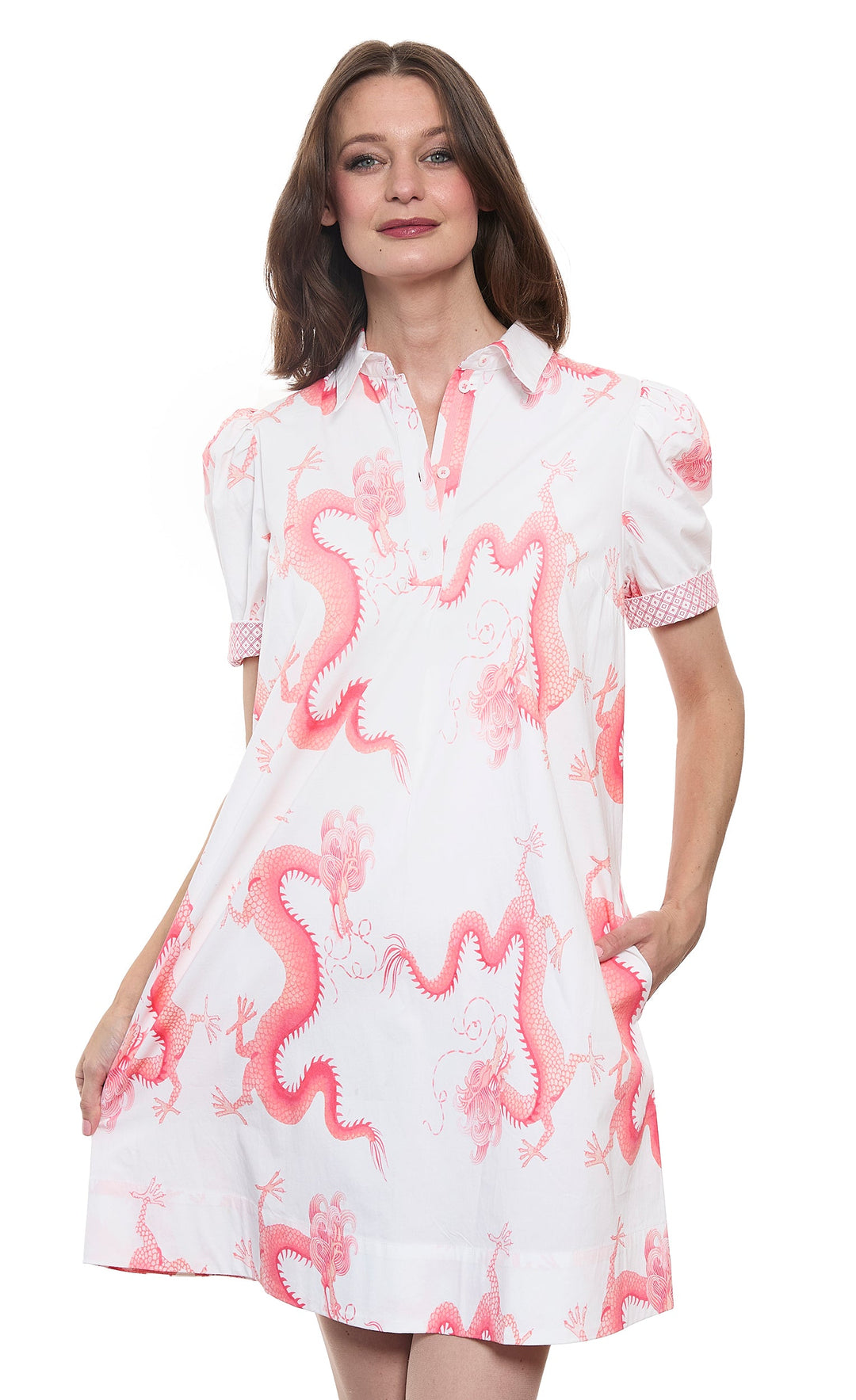 Dizzy-Lizzie Left Bank Puff Sleeve Cotton Dress - Coral White Dragon Print available at Barbara Katz
