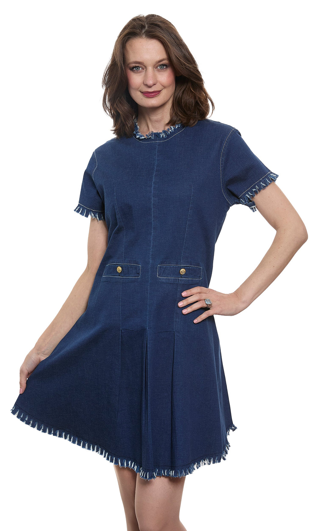 Dizzy-Lizzie Coco Denim Dress with Fringe and Gold Buttons available at Barbara Katz