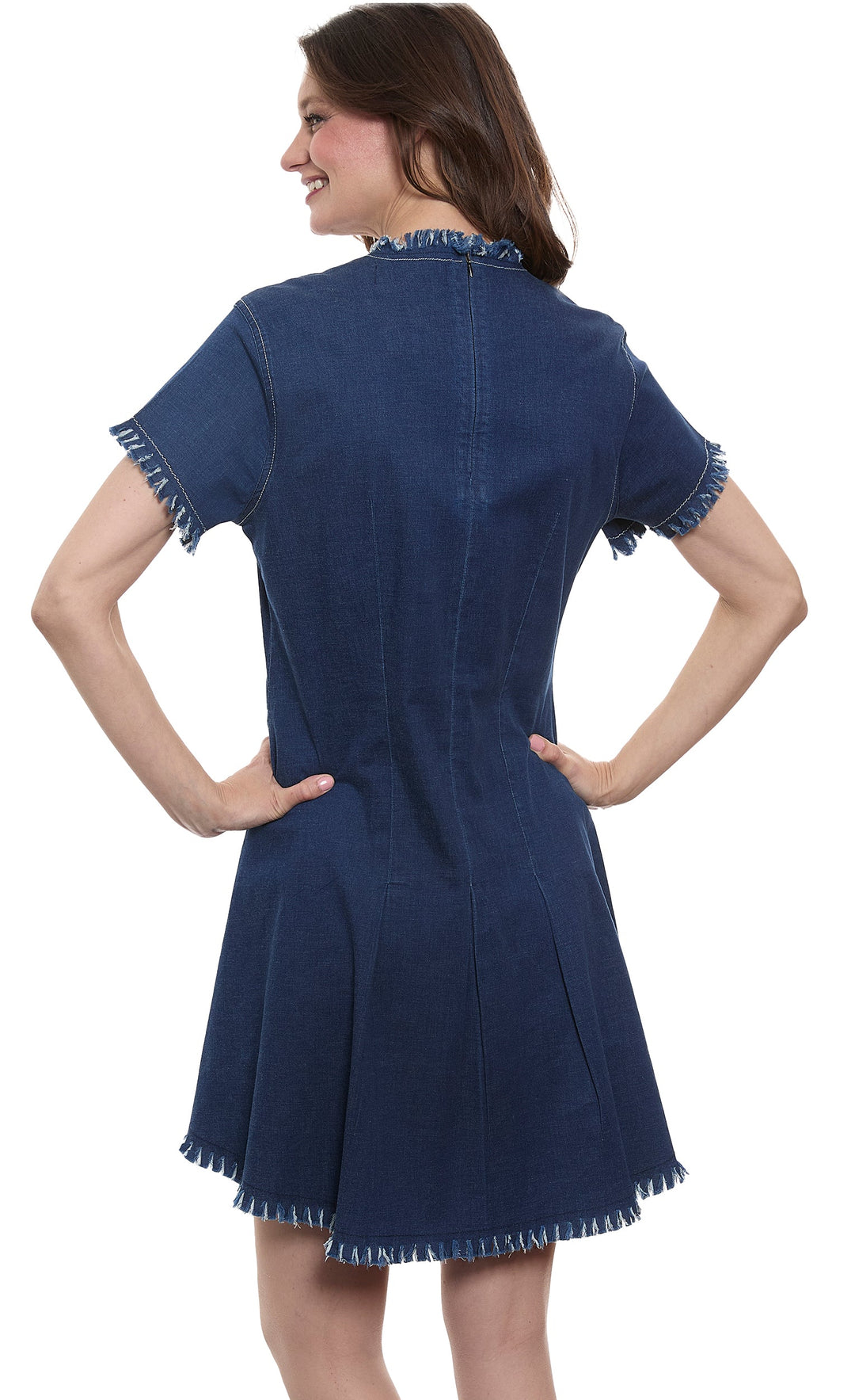 Dizzy-Lizzie Coco Denim Dress with Fringe and Gold Buttons available at Barbara Katz