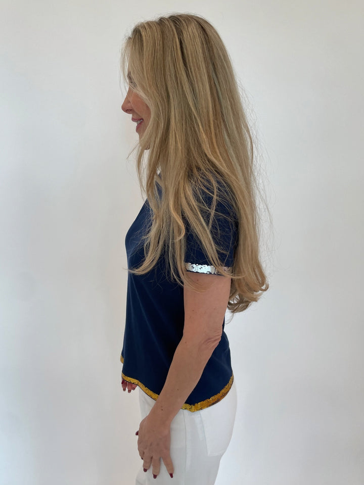 Peace of Cloth Navy Sonya Short Sleeve Crew Top With Foil Trim available at Barbara Katz