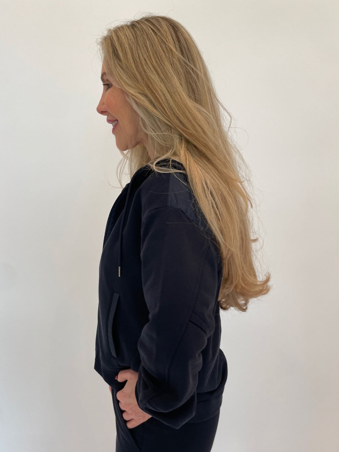 Margittes Drawstring Long Sleeve Hoodie in Marine available at Barbara Katz