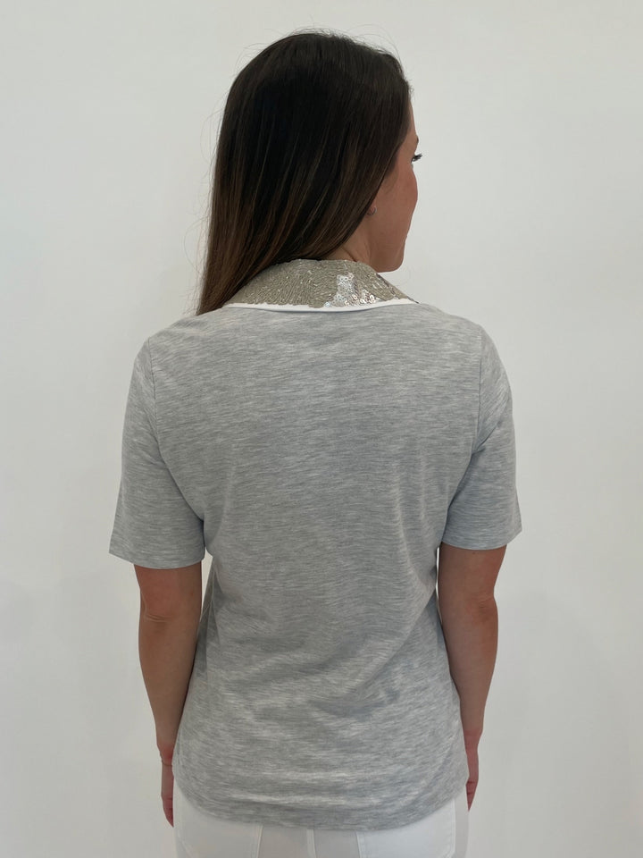 Margittes Sequin Collar Short Sleeve Polo in Silver Melange available at Barbara Katz