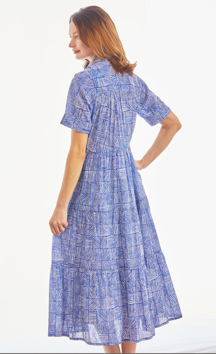 Palm Desert Long Dress - Navy White Criss Cross Little Boxes Cotton Voile