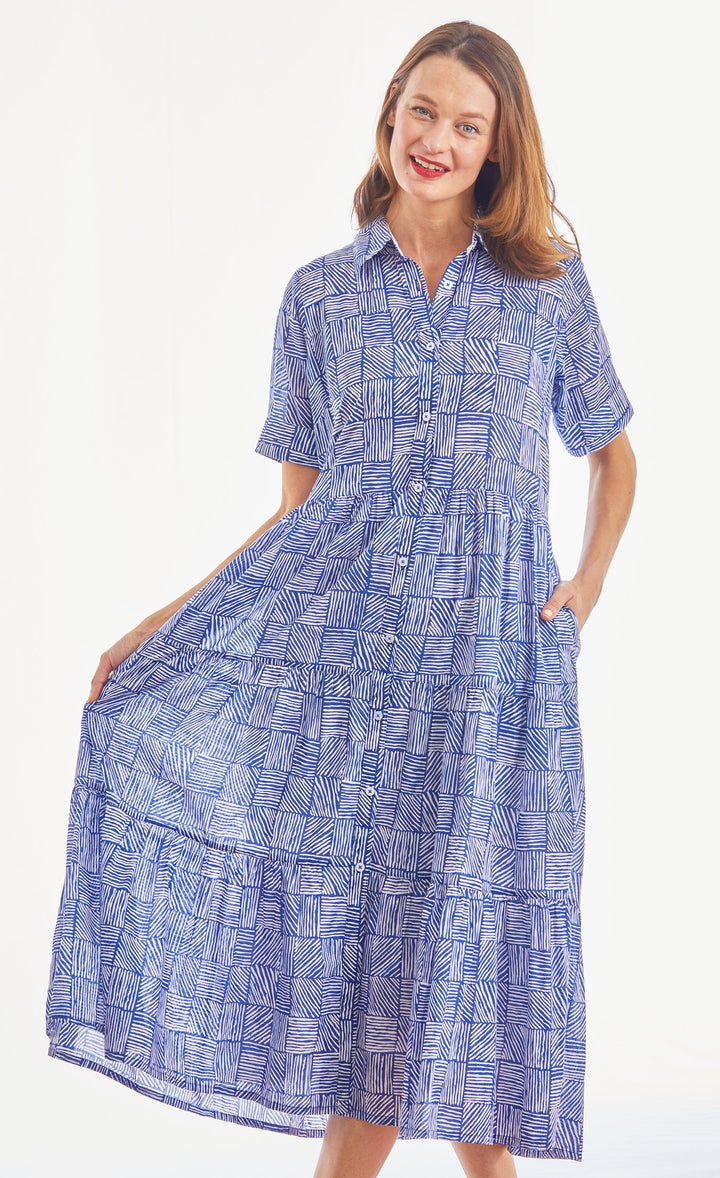 Palm Desert Long Dress - Navy White Criss Cross Little Boxes Cotton Voile