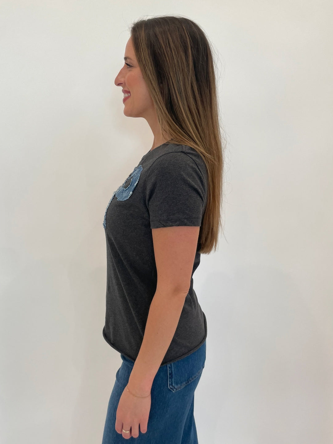 Suzy T Leti Tee Charm in Grey With Denim Bow available at Barbara Katz