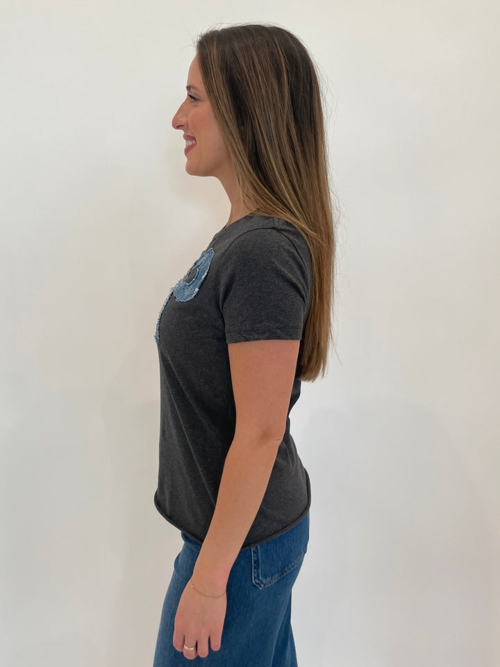 Suzy T Leti Tee Charm in Grey With Denim Bow available at Barbara Katz