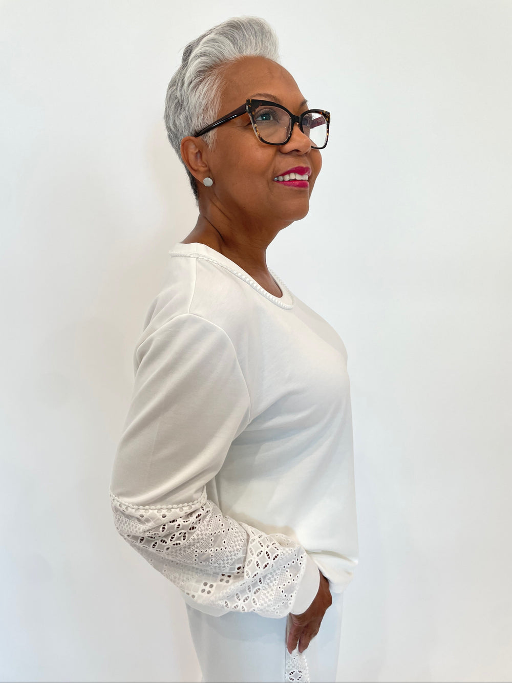 Leo & Ugo Marcella Lace Sleeve Sweater in White available at Barbara Katz