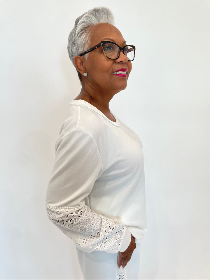 Leo & Ugo Marcella Lace Sleeve Sweater in White available at Barbara Katz
