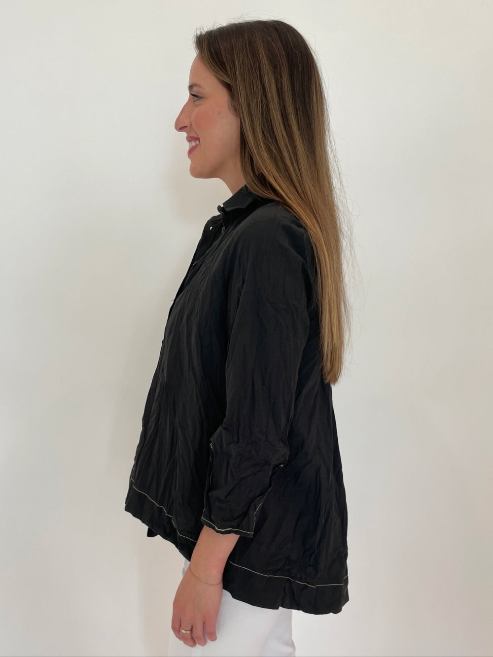 Ozai N Ku Marlene Stitch Shirt in Charcoal/White available at Barbara Katz