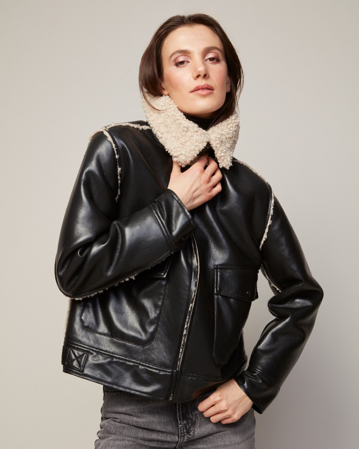 Adroit Atelier Parker Bonded Vegan Leather Aviator Jacket With Collar in Camel/Black available at Barbara Katz