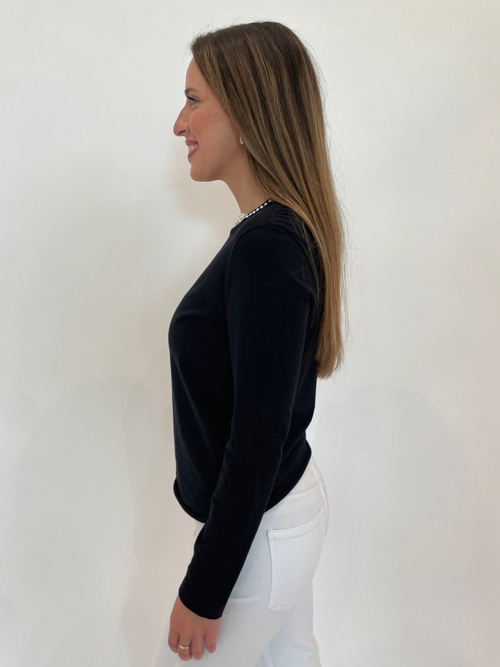 Suzy T Pearl Detail Long Sleeve Tee in Black available at Barbara Katz
