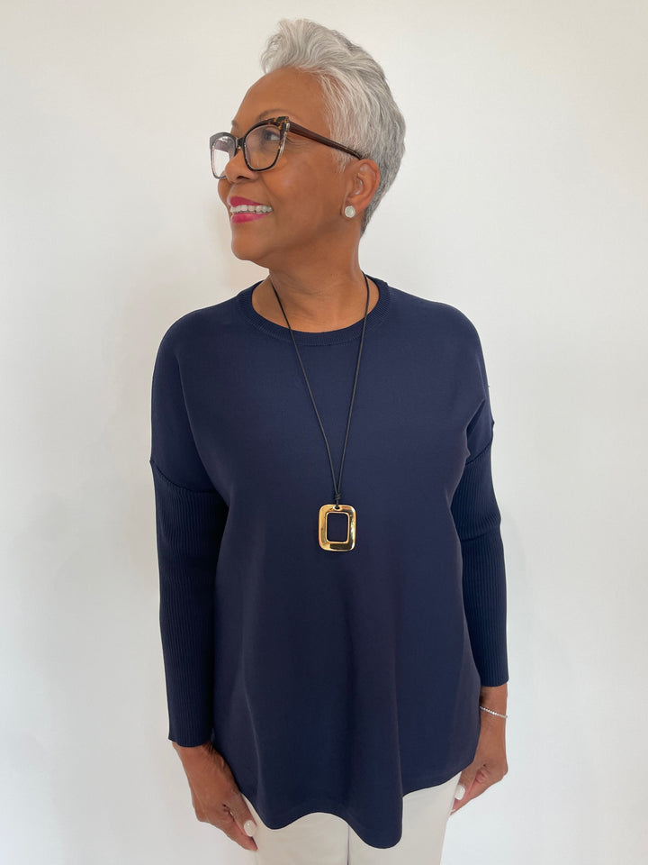 Billie Wendy Knit Boxy Sweater in Navy with Ben-Amun Encanto Cord Necklace With Square Pendant in Gold available at Barbara Katz
