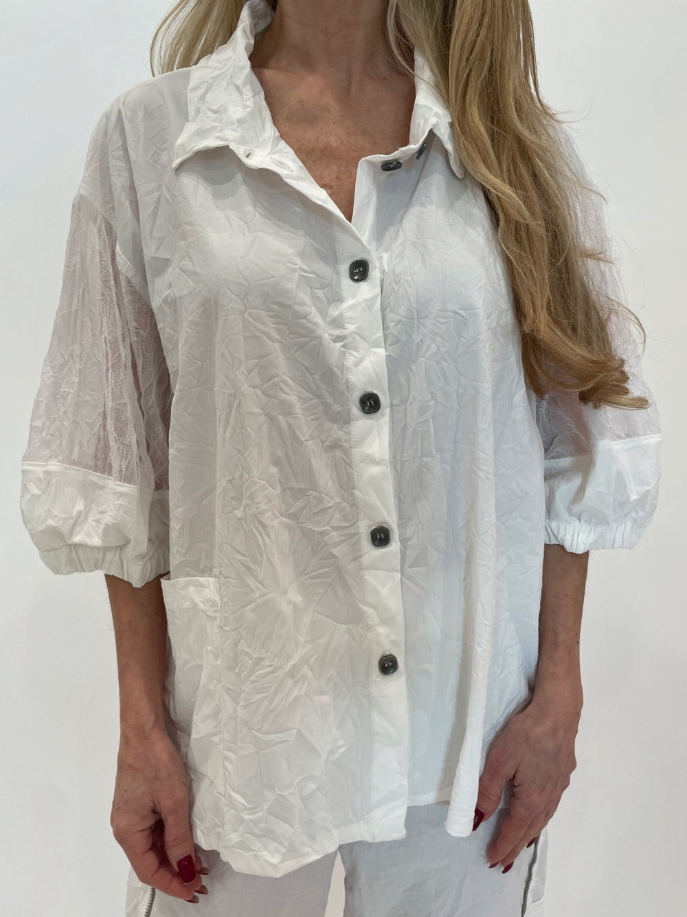 Chalet et Ceci Mylah Mesh Button Down Shirt in White available at Barbara Katz