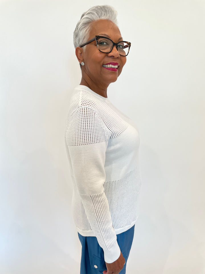 Billie Rosa Mesh Long Sleeve Sweater in White available at Barbara Katz