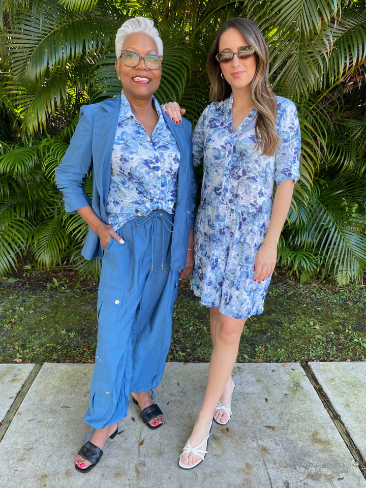 Cinq a Sept Khloe Blazer in Blue Corn with David Cline Mist Roll-Up Shirt underneath, paired with Cinq a Sept Nitsan Pants in Blue Corn, David Cline Annabel Snap Front Tier Dress in Mist available at Barbara Katz