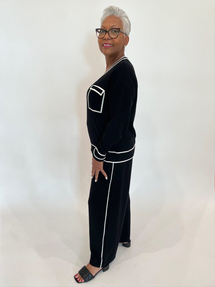 Leo & Ugo Nora V-Neck Sweater in Black/White paired with matching Nora Pants in Black/White available at Barbara Katz