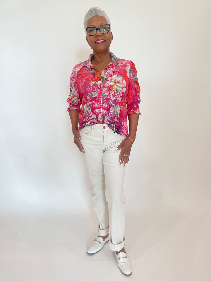 David Cline Airy Smock Sleeve Shirt in Poppy paired with MAC Denim Dream Jeans in Antique White available at Barbara Katz
