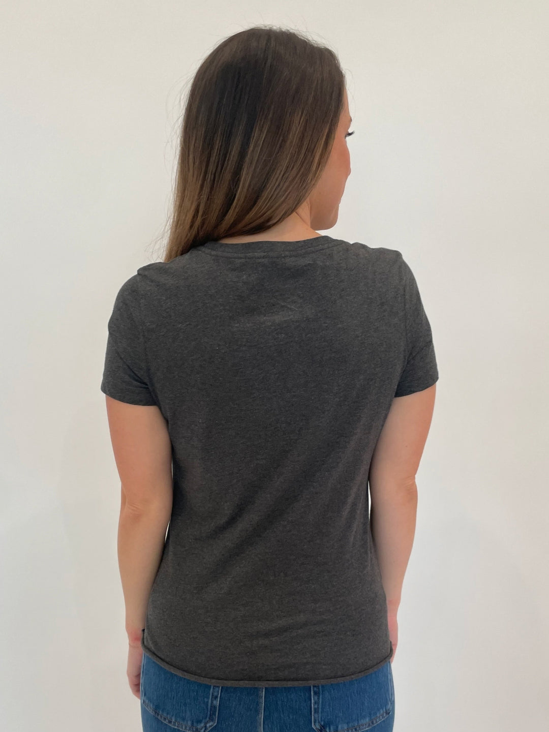 Suzy T Leti Tee Charm in Grey With Denim Bow available at Barbara Katz