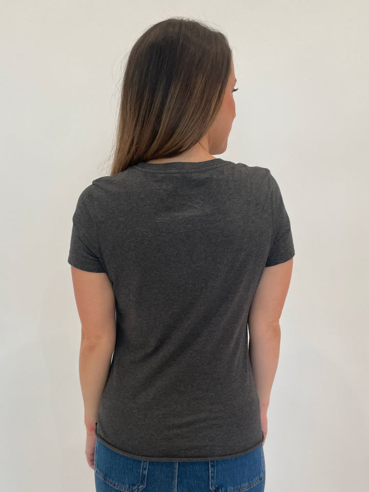 Suzy T Leti Tee Charm in Grey With Denim Bow available at Barbara Katz