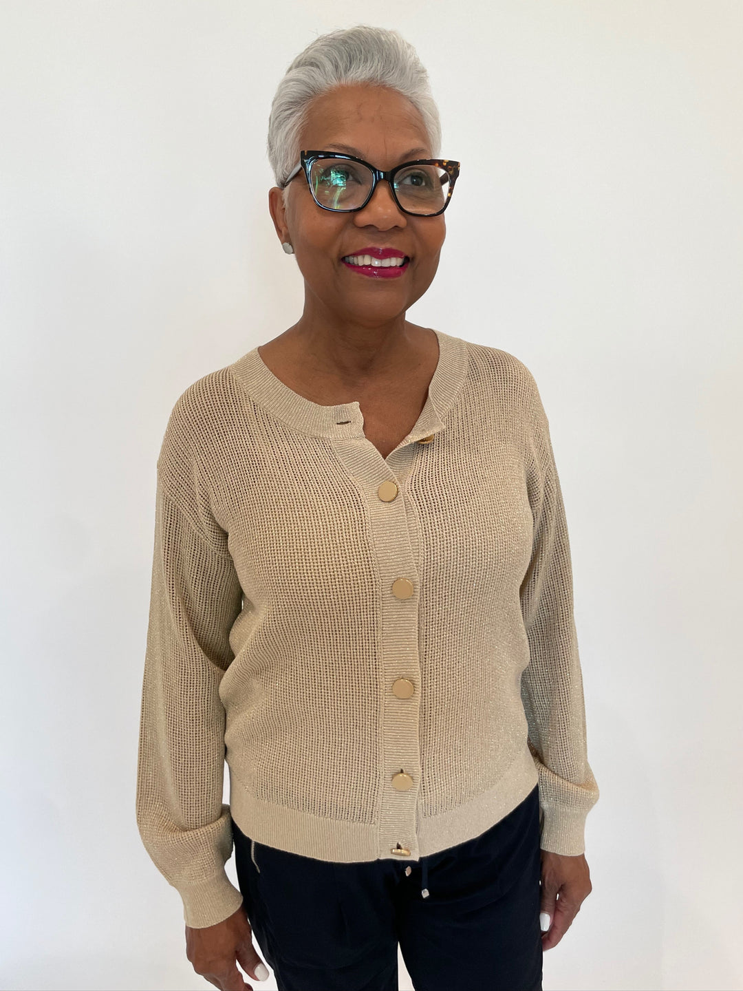 BK Lysset Lurex Cardigan in Beige available at Barbara Katz