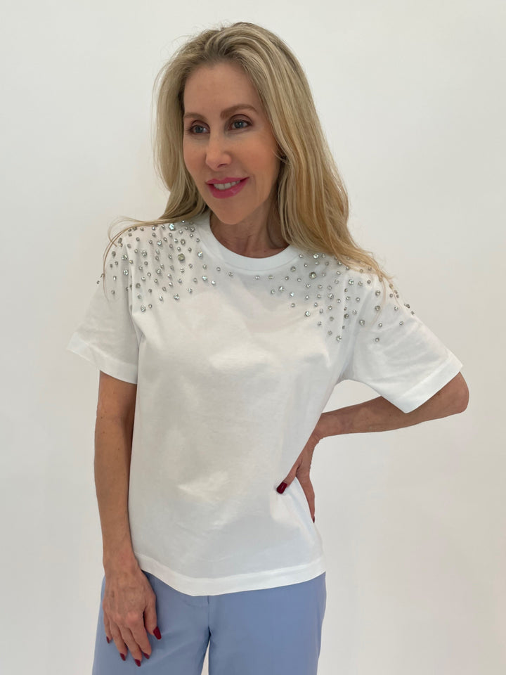 Marella Feluca Tee With Crystals in Optical White available at Barbara Katz