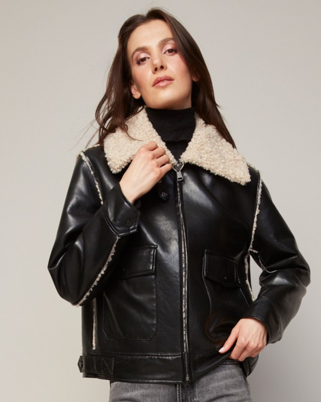 Adroit Atelier Parker Bonded Vegan Leather Aviator Jacket With Collar in Camel/Black available at Barbara Katz