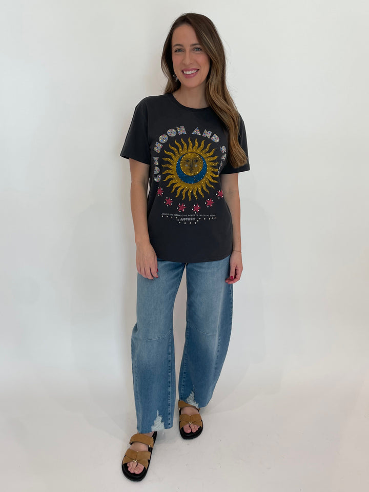 MOTHER The Rowdy Tee in Sun, Moon, And Stars graphic print paired with MAC Dakota Barrel Leg Jeans in Medium Denim available at Barbara Katz