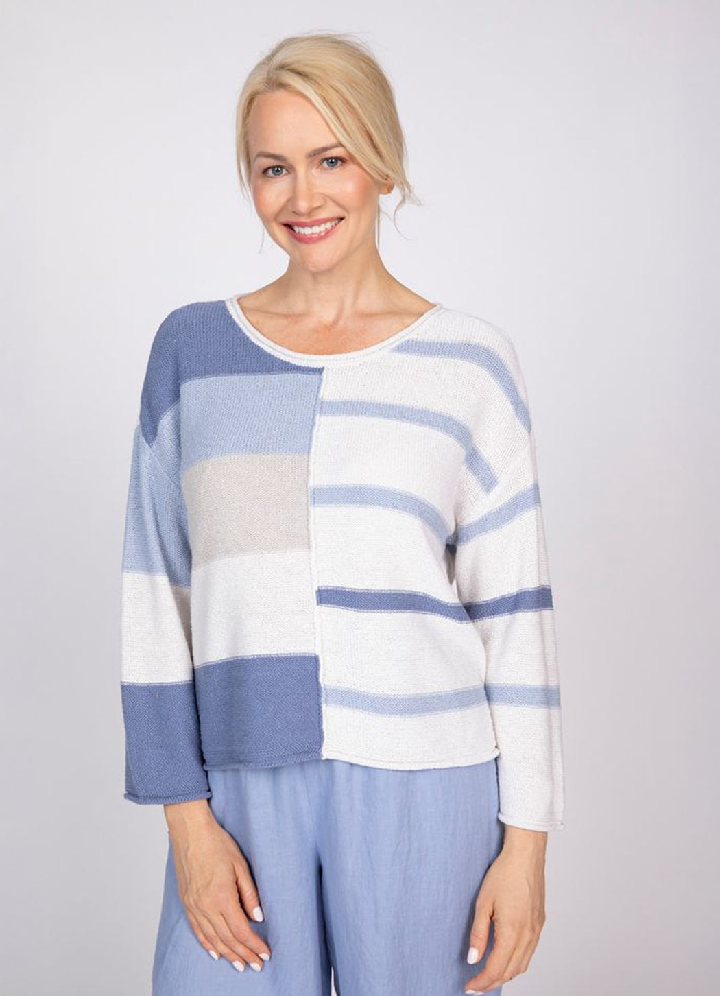 Olivia by Habitat Split Stripes Sweater in Pool available at Barbara Katz