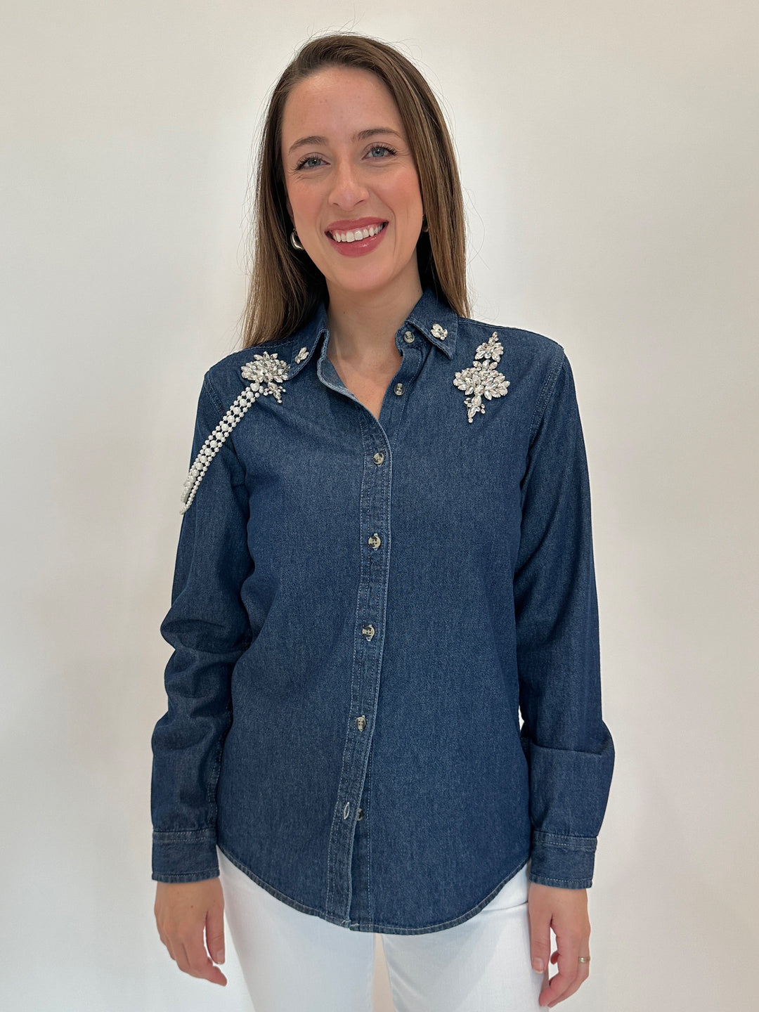 Suzy T Esther Denim Shirt With Pearls available at Barbara Katz