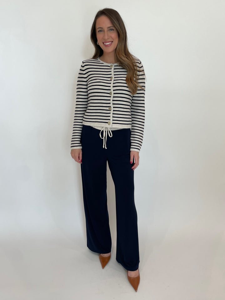 Oui Stripe Cardigan in White Blue paired with Oui Pull-On Trousers in Dark Blue available at Barbara Katz