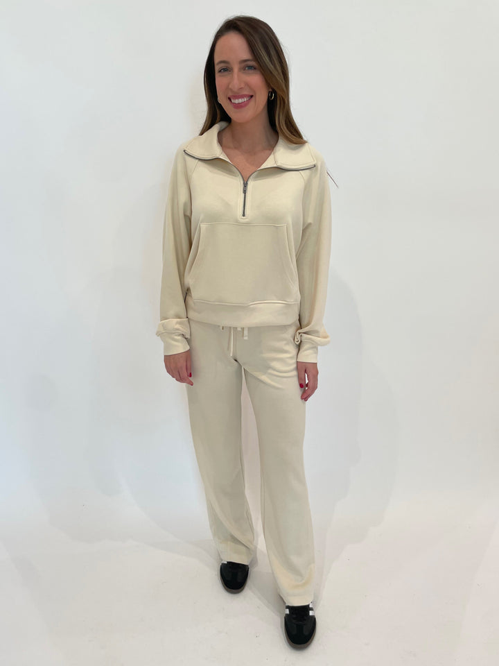 BK Nina Half-Zip Sweatshirt in Alpaca paired with matching BK Roci Sweatpants in Alpaca available at Barbara Katz