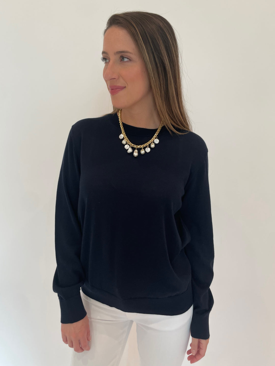 Elliott Lauren Cotton Charm Crew Sweater in Navy available at Barbara Katz