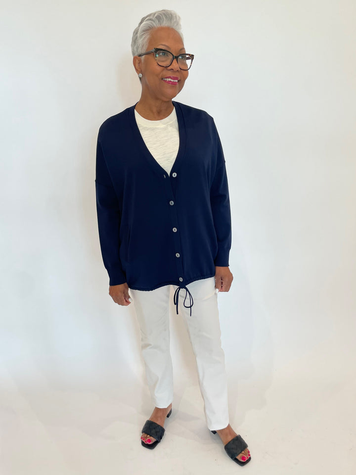 Billie Susana Knit Boxy Drawstring Cardigan in Navy paired with MAC Dream Jeans in Antique White available at Barbara Katz